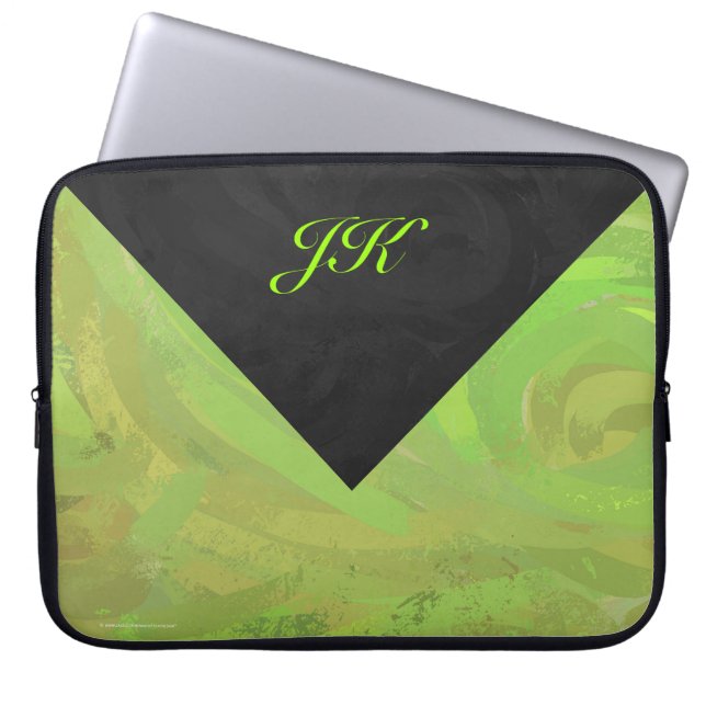 Kiwi Bash Green and Black Monogram Laptop Sleeve (Front)