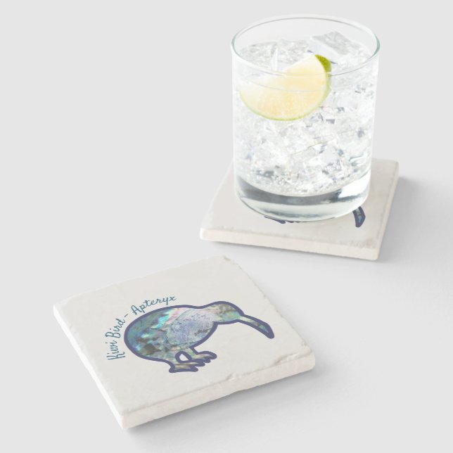 Kiwi Bird Apteryx in Paua Colour Stone Coaster (Side)