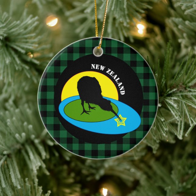 Kiwi Bird & New Zealand Green Buffalo Plaid Rustic Ceramic Ornament (Tree)