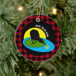 Kiwi Bird & New Zealand, Red Buffalo Plaid Rustic Ceramic Ornament