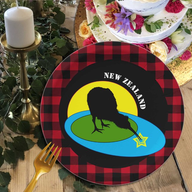 Kiwi Bird & New Zealand, Red Buffalo Plaid Rustic Paper Plate (Creator Uploaded)