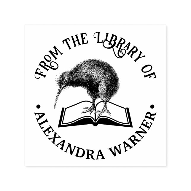 Kiwi Bird on a Book Round Library Book Name Self-inking Stamp (Design)