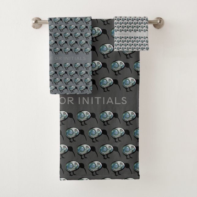 KIWI BIRD PATTERN NZ PAUA NEW ZEALAND PERSONALIZED BATH TOWEL SET (Insitu)
