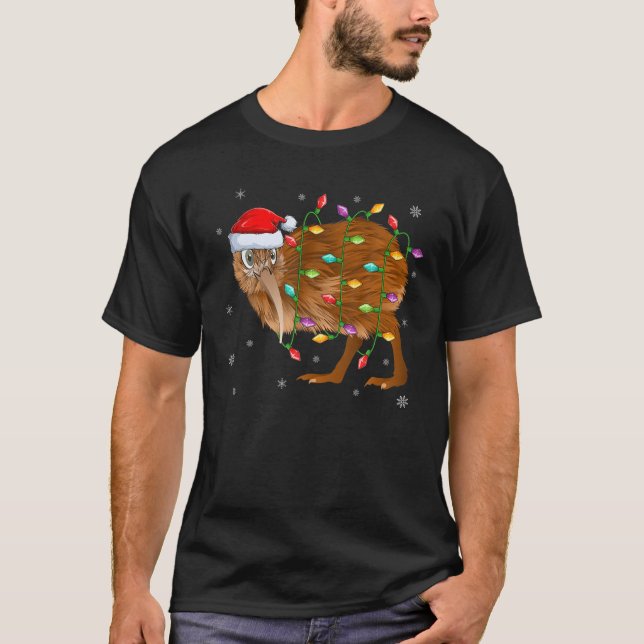Kiwi Bird Xmas Lighting Santa Hat Kiwi Christmas T-Shirt (Front)
