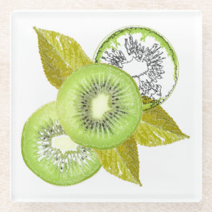 Kiwi, fruit, green, slice, fresh, green and white, glass coaster