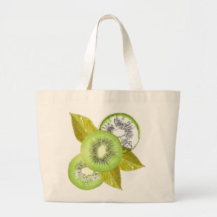 Kiwi, fruity, green and white, fresh, juicy, white large tote bag