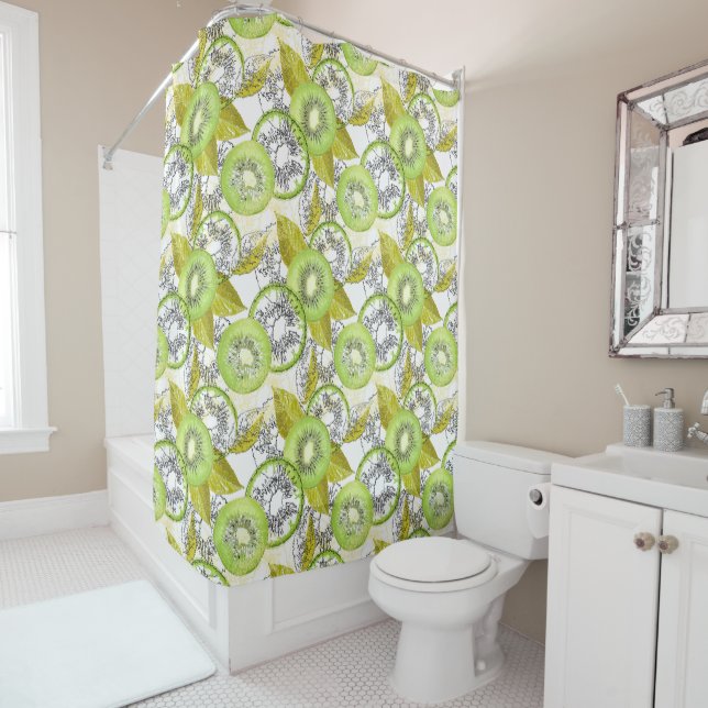 Kiwi, fruity, green and white, fresh, juicy, white shower curtain (In Situ)