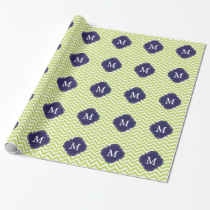 Kiwi Green & Blue Zigzags Pattern Monogram Wrapping Paper