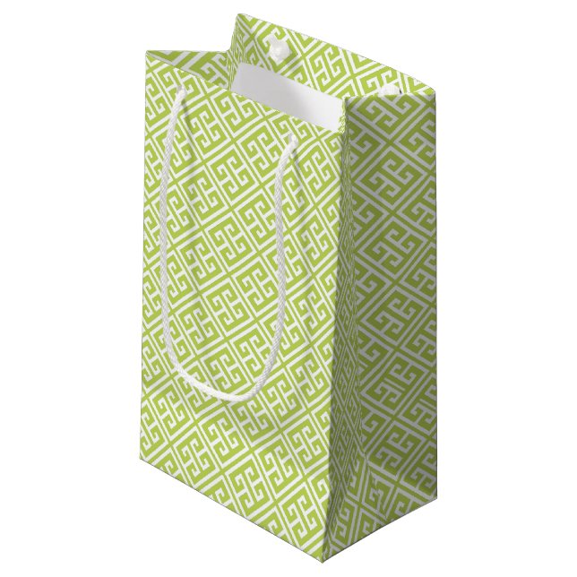 Kiwi Green Greek Key Pattern Small Gift Bag (Front Angled)