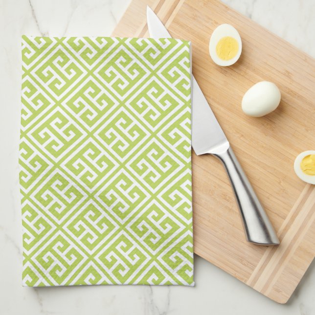 Kiwi Green Greek Key Pattern Tea Towel (Quarter Fold)