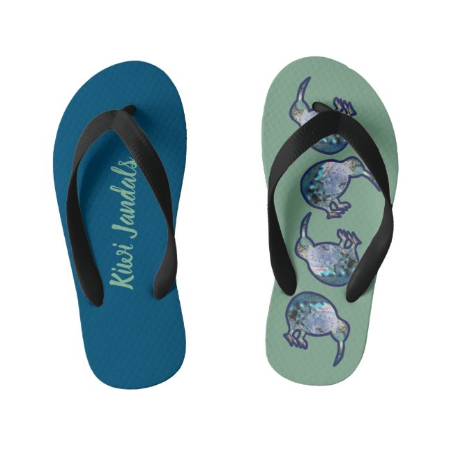 KIWI JANDALS NEW ZEALAND PAUA SHELL BIRD PATTERN KID'S THONGS (Footbed)