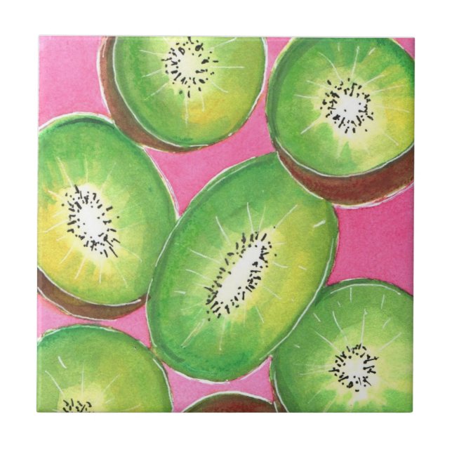 Kiwi on pink cocktail napkin neon green and pink ceramic tile (Front)