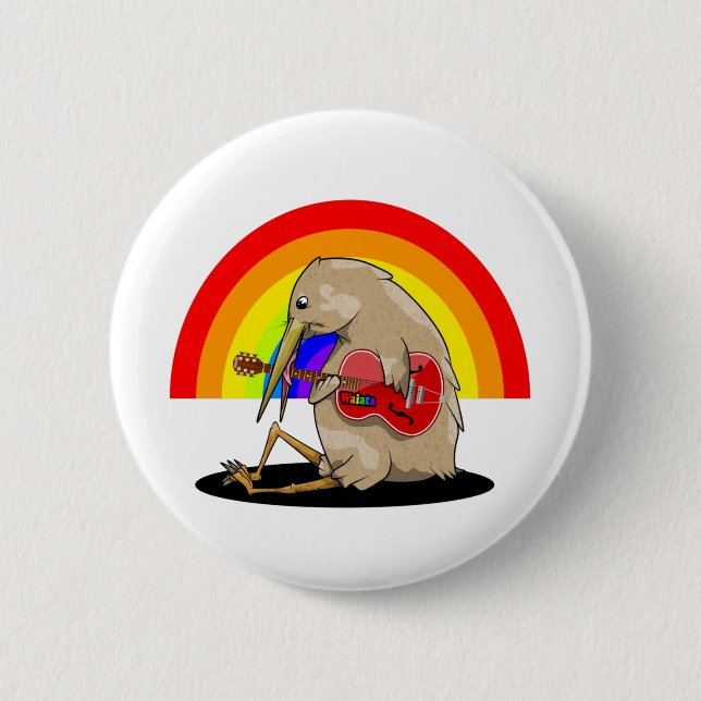 Kiwi playing guitar rainbow 6 cm round badge (Front)