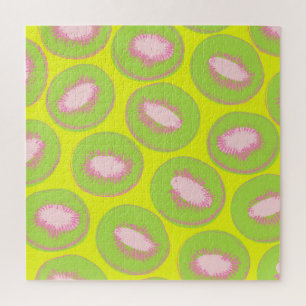 Kiwi Pop Art Fruit Pattern in Chartreuse and Pink Jigsaw Puzzle