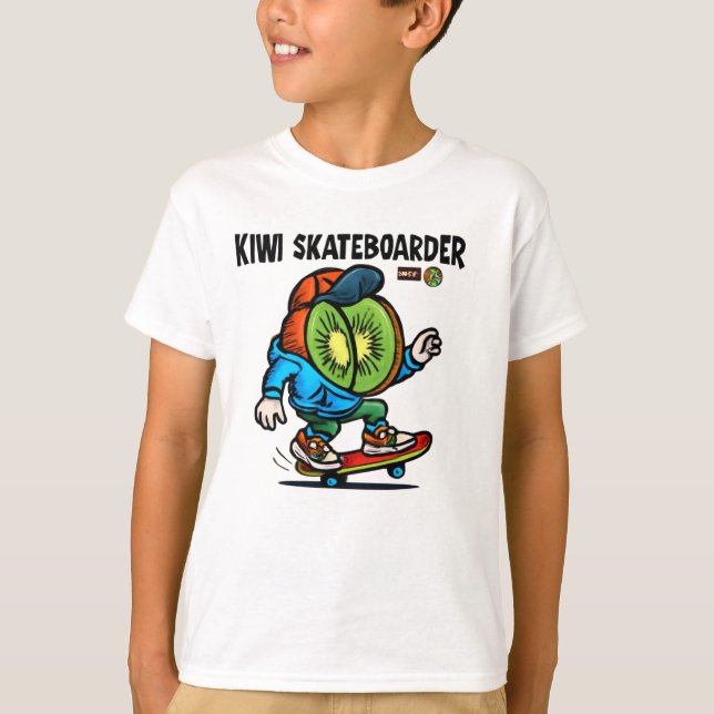Kiwi Skateboarder Urban Youth Fruit Art T-Shirt (Front)