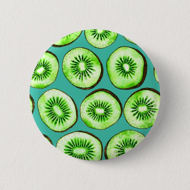 Kiwi slices on turquoise 6 cm round badge (Front)