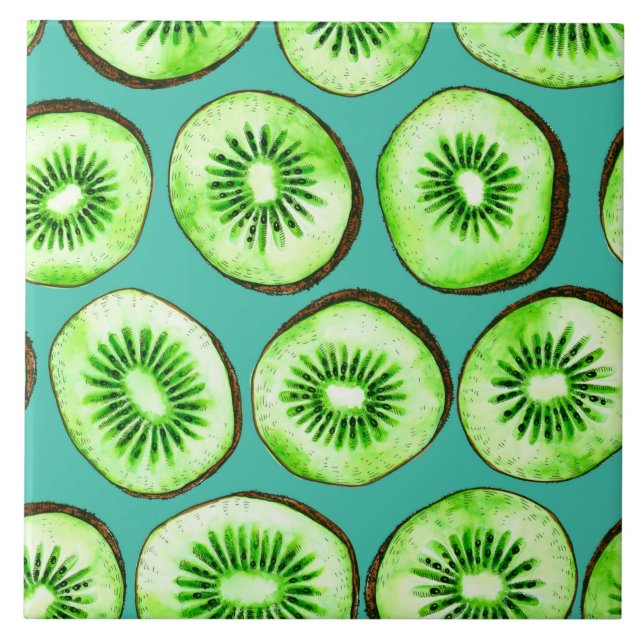 Kiwi slices on turquoise ceramic tile (Front)