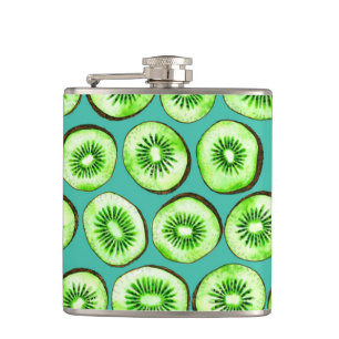 Kiwi slices on turquoise hip flask