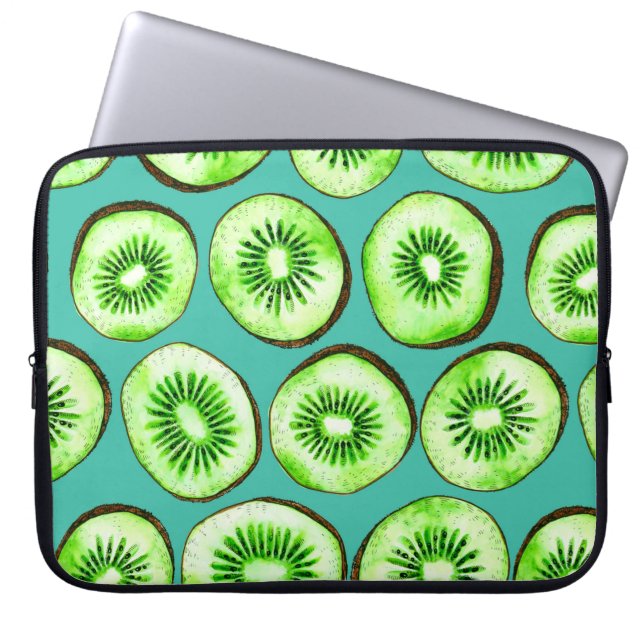 Kiwi slices on turquoise laptop sleeve (Front)