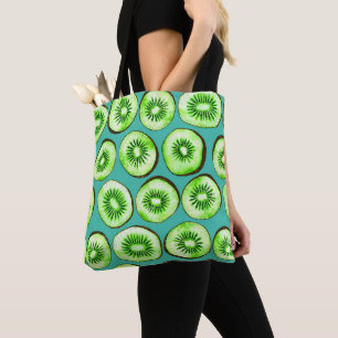 Kiwi slices on turquoise tote bag
