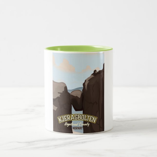 kjeragbolten Nowegian travel poster. Two-Tone Coffee Mug (Center)