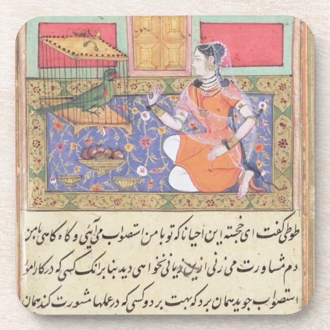 Kjujista, the Merchant's Wife, talking to a Parrot Coaster (Front)