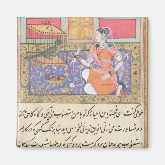 Kjujista, the Merchant's Wife, talking to a Parrot Magnet (Front)