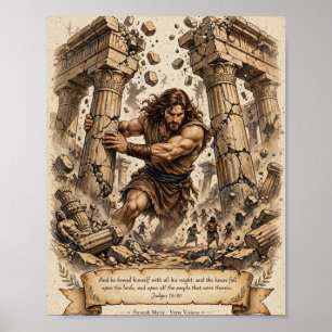 KJV Bible-Samson Pushing The Pillars-Judges Poster