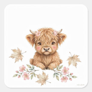 KJV Fall Highland Cow with Pink Flowers and Maple Square Sticker