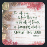 KJV Luke Bible Verse Christmas Square Sticker<br><div class="desc">KJV Luke Bible Verse Christmas Stickers. White wood background with vintage inspired design, featuring Luke 2 bible verse, 'for unto you is born this day, in the city of David, a Saviour, which is Christ the Lord. " Find more in our KJV Christmas Collection at Christian Quotes Shop. LInk below:...</div>