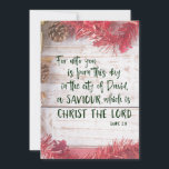 KJV Scripture Christmas Holiday Card<br><div class="desc">KJV Scripture Christmas Cards. Vintage faux wood background with holiday garland accents. Front of card features KJV bible verse from Luke 2.11. For unto you is born this day in the city of David, a Saviour, which is Christ the Lord. Back of card features faux wood with notebook page where...</div>