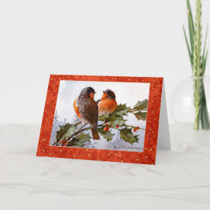 Klein Christmas Robins on Green Holly Red Berries Holiday Card