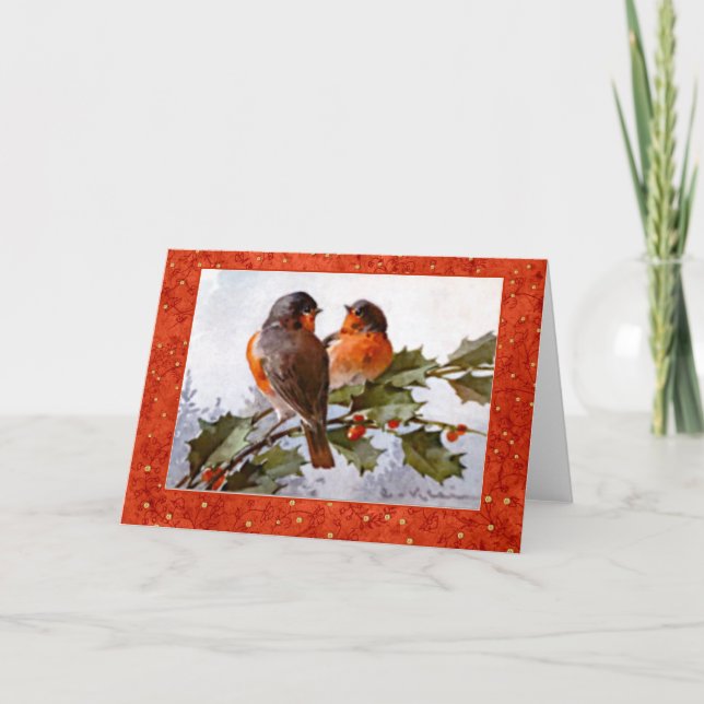 Klein Christmas Robins on Green Holly Red Berries Holiday Card (Front)