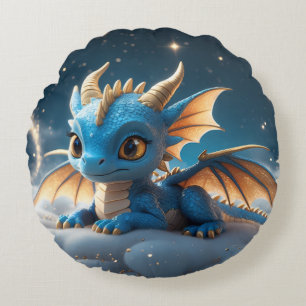 Kleiner blauer Dino auf einer Wolke Round Cushion