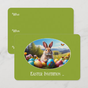 Kleiner Osterhase in Landschaft, oval - Karte Invitation