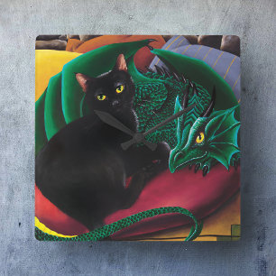 Kleo the Black Cat & George the Dragon Square Wall Clock