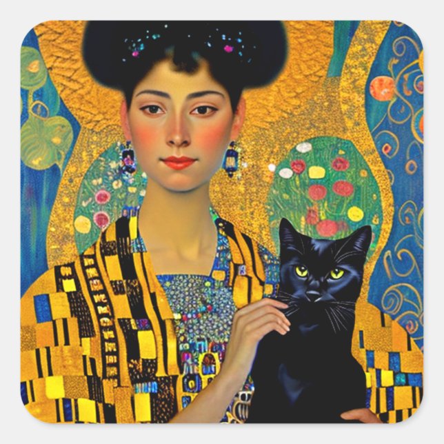 Klimptesque Woman and Black Cat  Square Sticker (Front)