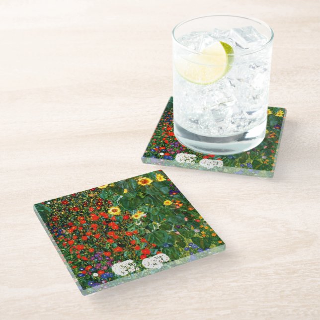 Klimt - Farm Garden with Sunflowers Tile Glass Coaster (Angled)