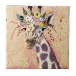 Klimt Giraffe | Adorned In Flowers Ceramic Tile<br><div class="desc">This print features a sweet giraffe adorned in a crown of flowers | By Victoria Borges</div>
