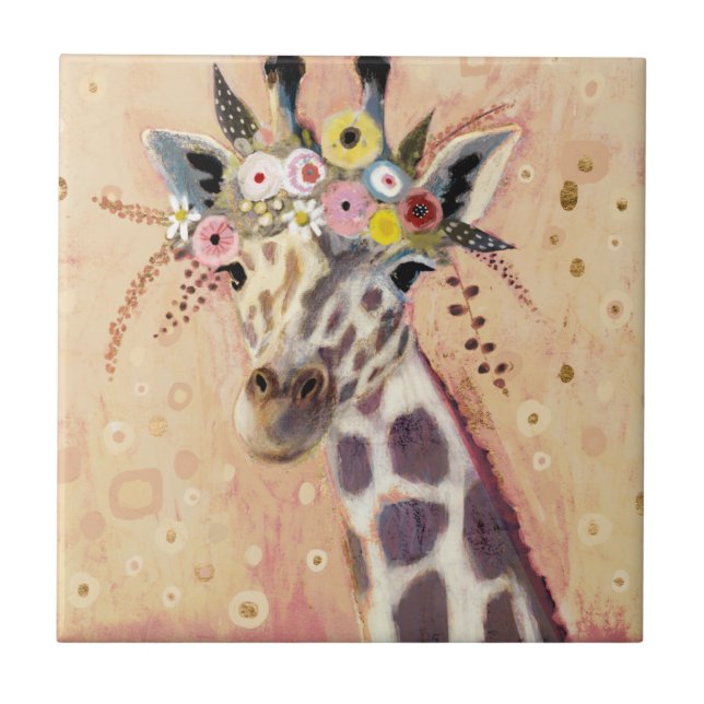 Klimt Giraffe | Adorned In Flowers Ceramic Tile (Front)