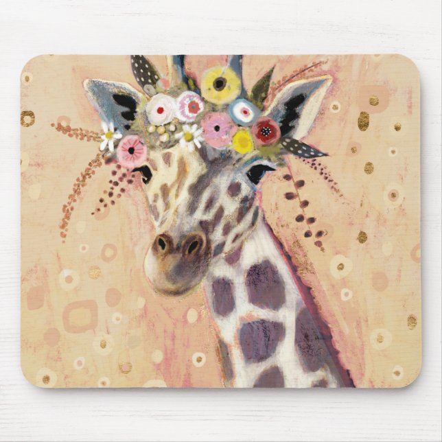 Klimt Giraffe | Adorned In Flowers Mouse Pad (Front)