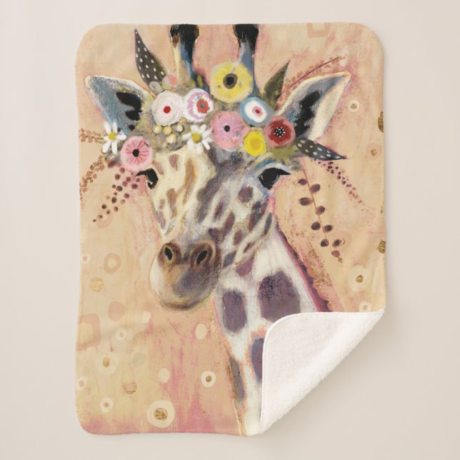Klimt Giraffe | Adorned In Flowers Sherpa Blanket (Front)
