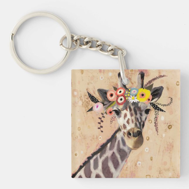 Klimt Giraffe | Crown Of Flowers Key Ring (Front)