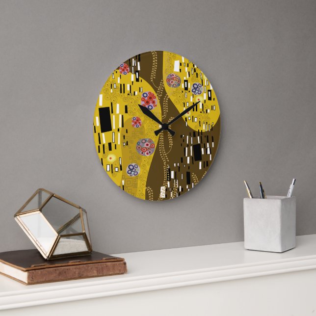 Klimt Inspired Gold Pattern Art Nouveau The Kiss Large Clock (Office)