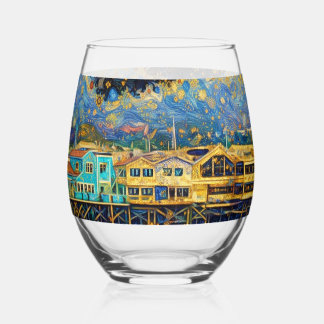 Klimt-inspired Golden Monterey Harbour Dreams Stemless Wine Glass