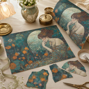 Klimt-Inspired Moon Blossom Art Nouveau Decoupage  Wrapping Paper Sheet