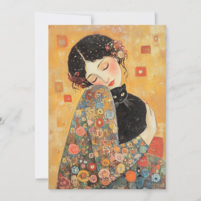 Klimt-Inspired Woman and Cat Invitation (Front)