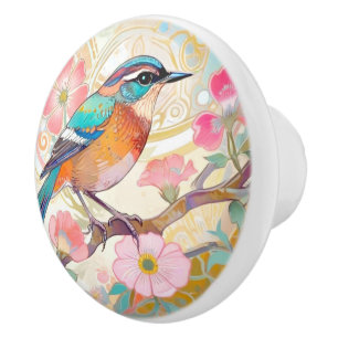Klimt Oriental Asian Art Nouveau Inspo Floral Bird Ceramic Knob
