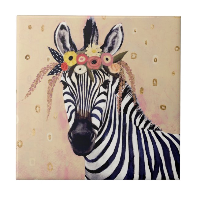 Klimt Zebra | Adorned In Flowers Ceramic Tile (Front)