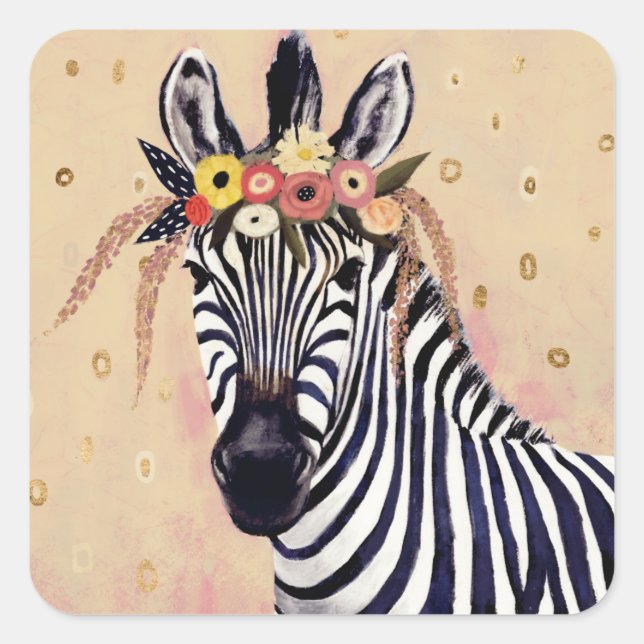 Klimt Zebra | Adorned In Flowers Square Sticker (Front)